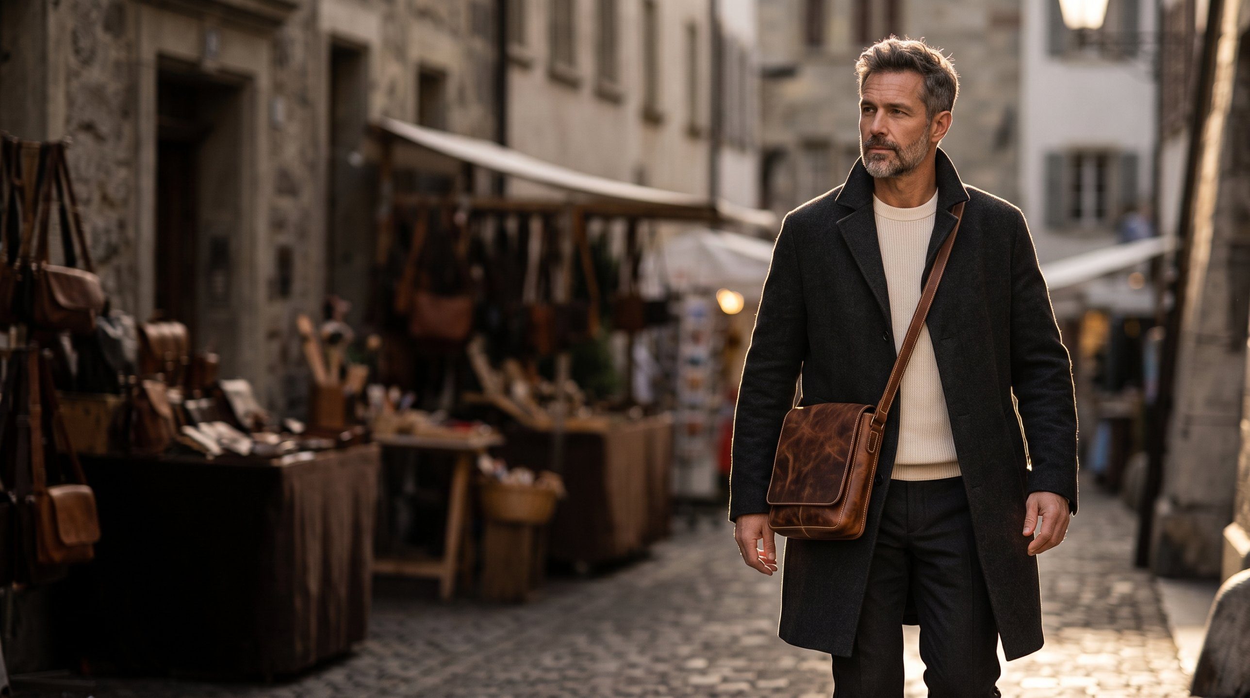 Eleganter Herr mit einer Umhängetasche aus Vintage-Leder in einer Schweizer Altstadtgasse